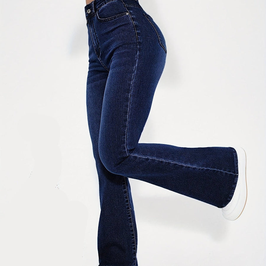 Mörkblå Högmidjade Utställda Jeans med Foder