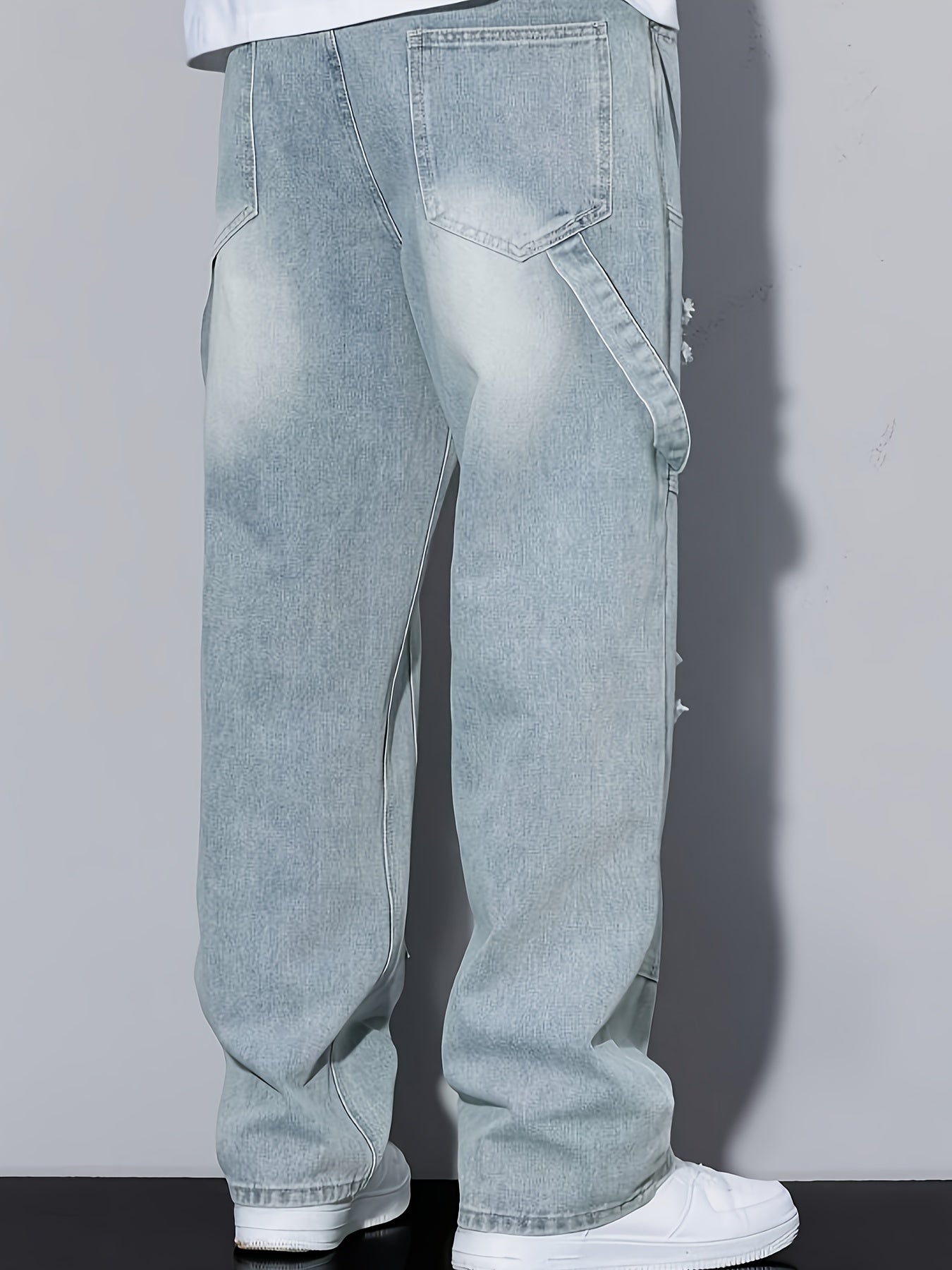 Herr Cargo Jeans Baggy Streetwear med Slitna Detaljer och Lösa Ben
