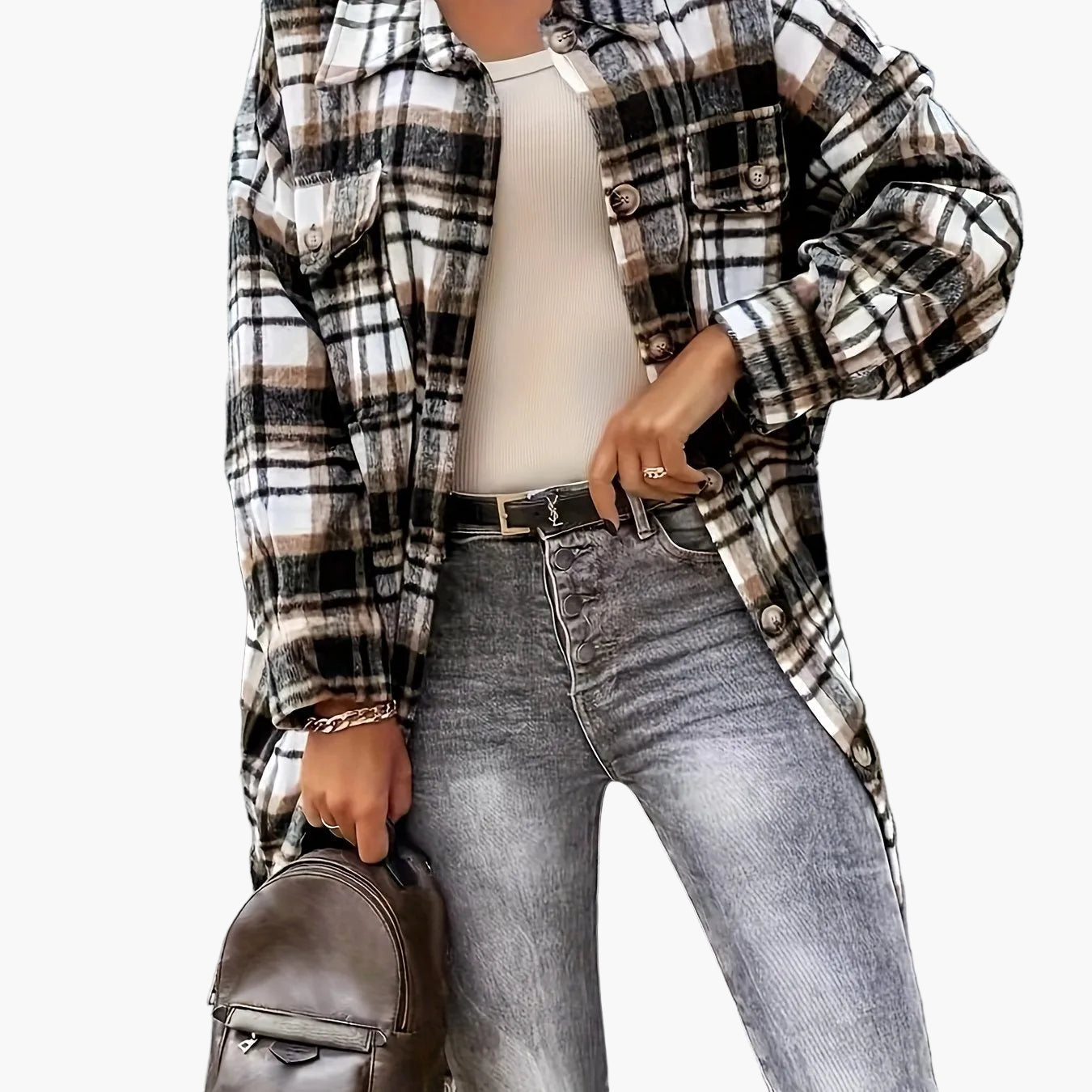 Dam Skjortjacka Lång Oversize Rutig Casual Vår/Höst