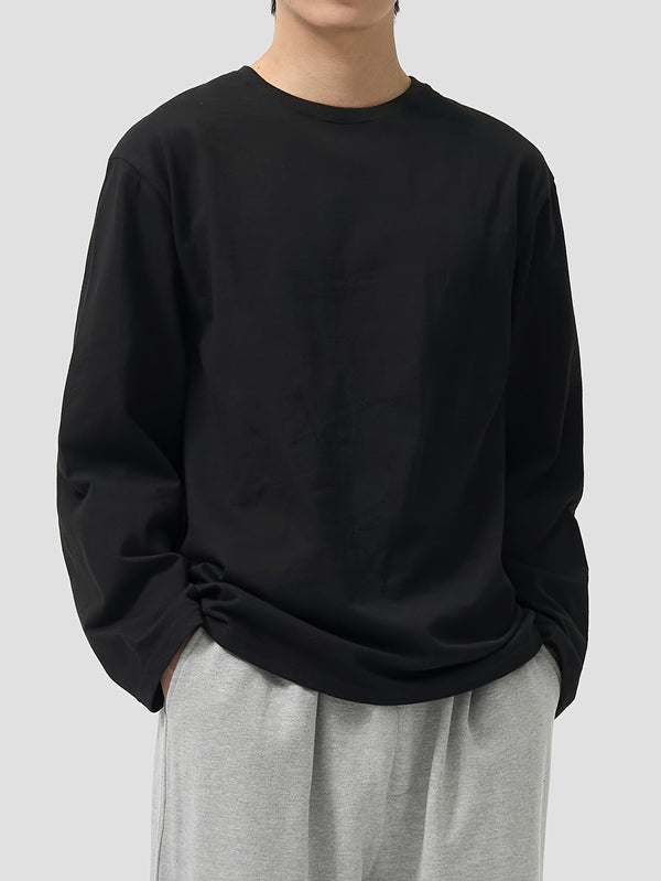 Unisex Långärmad T-shirt i Enfärgad Lös Passform med Rund Hals