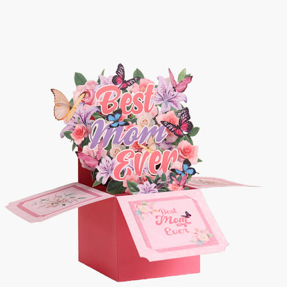 Pop-up kort för kvinnor – Blommande 3D-present till Mors dag med fjärilar och text Best Mom Ever