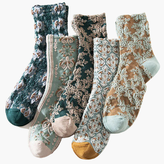 Dam Broderade Vintage Strumpor Blommönster 5-pack Mode och Komfort