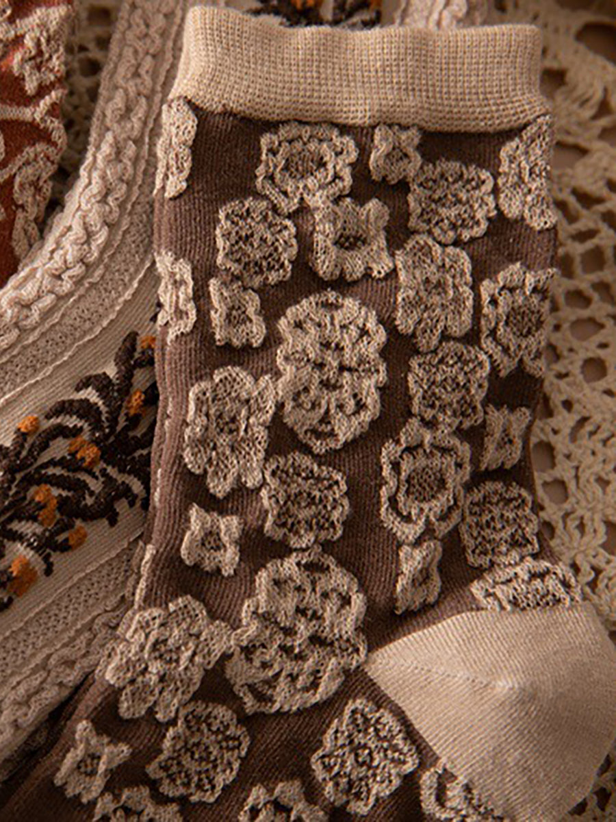 Dam Broderade Vintage Strumpor Blommönster 5-pack Mode och Komfort