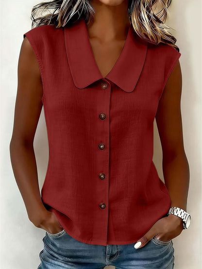 Dam Blusärmlös Vardagsblus med Stora Krage och Knappar – Elegant och Ledig Topp för Kontor eller Fritid