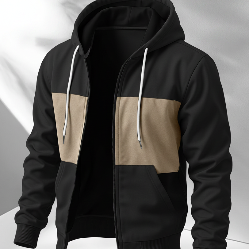 Hoodie med dragkedja, tvåfärgad blockdesign och luva