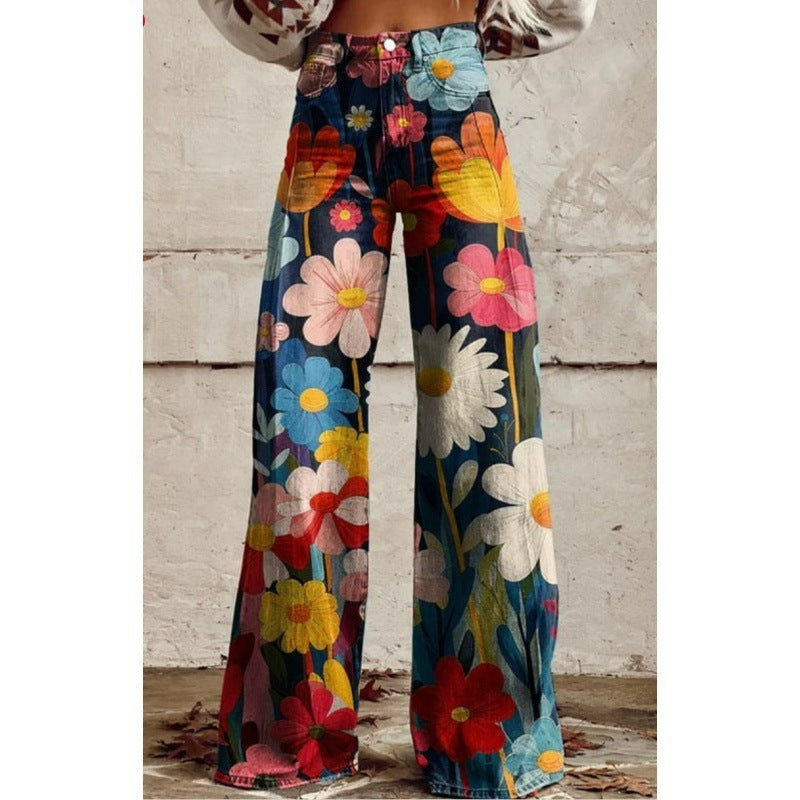 Jennifer – Tryckta Högmidjade Långa Byxor i Premium Vegan Denim