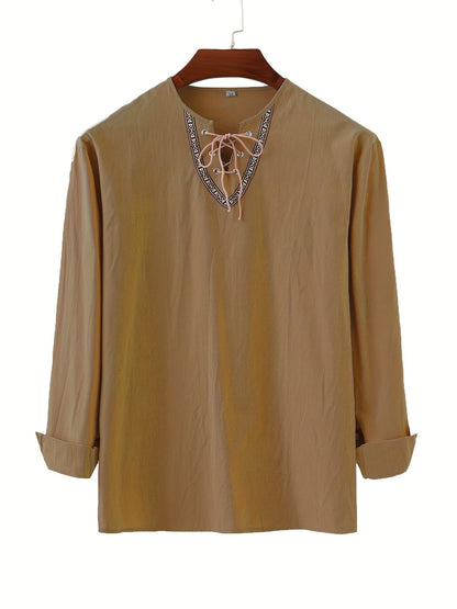 Herr Vintage Bohemisk Tunika med Snörning och Geometriskt Mönster – Ledig Blus för Alla Säsonger