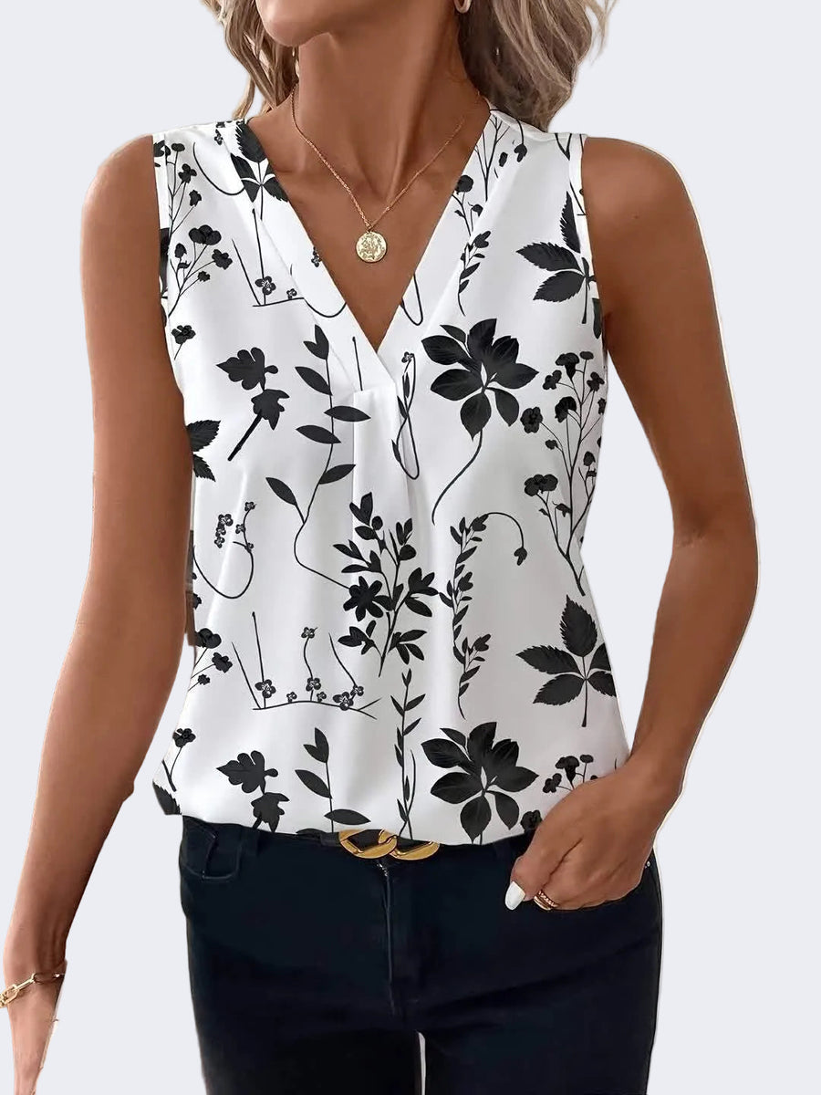 Dam Blus med Blommigt Mönster och V-ringning – Elegant Topp för Vår och Sommar
