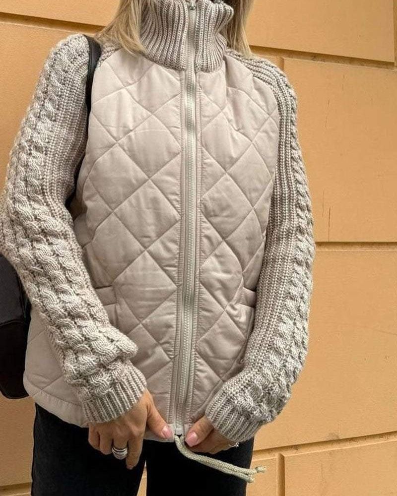 Kvinnors Quiltad Jacka med Stickade Ärmar, Dragkedja, Hög Krage