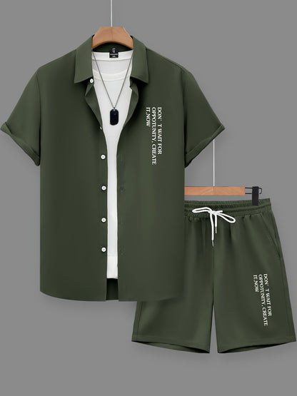 Herr Set med Kortärmad Skjorta och Shorts – Modern och Avslappnad Look med Inspirerande Text