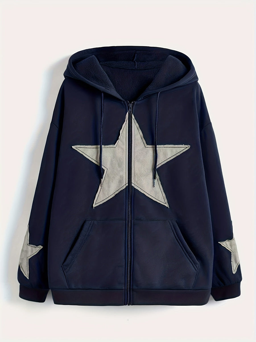 Brun Zip-up Hoodie med Huva och Stjärnmotiv – Rymlig Passform