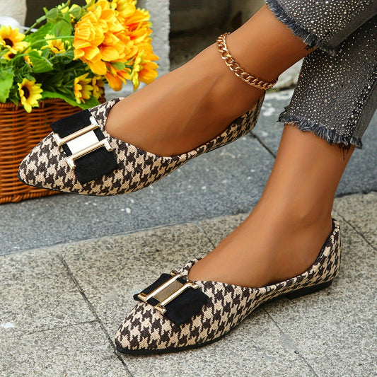 Damers eleganta loafers med spetsig tå och hundtandsmönster – Perfekta vardagsskor med dekorativ detalj