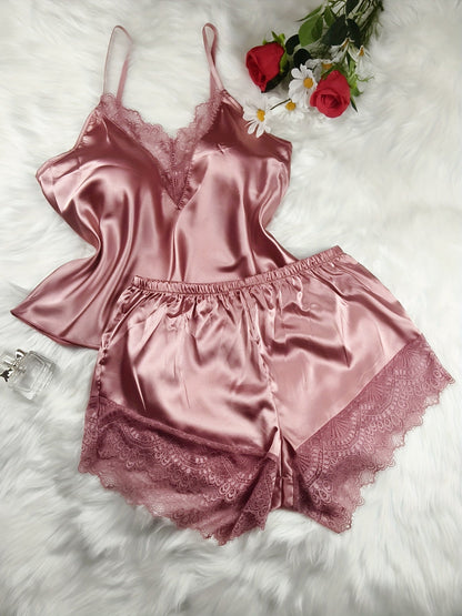 Dam Pyjamasset Med Spetsdetalj – Sexig V-ringad Loungewear För Vår och Sommar
