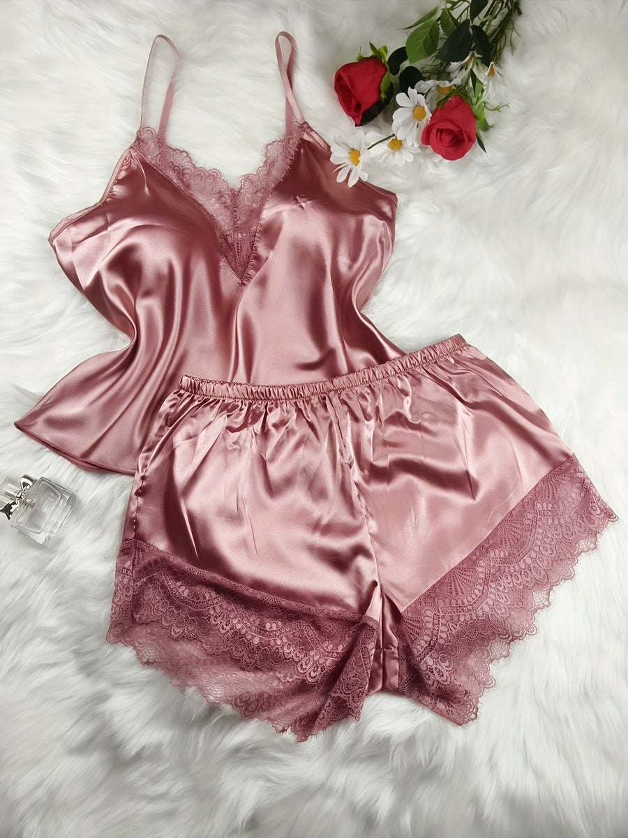 Dam Pyjamasset Med Spetsdetalj – Sexig V-ringad Loungewear För Vår och Sommar
