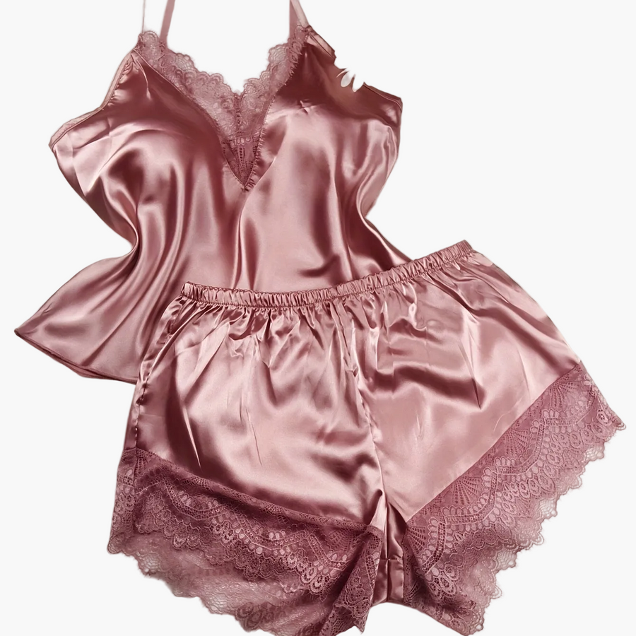 Dam Pyjamasset Med Spetsdetalj – Sexig V-ringad Loungewear För Vår och Sommar