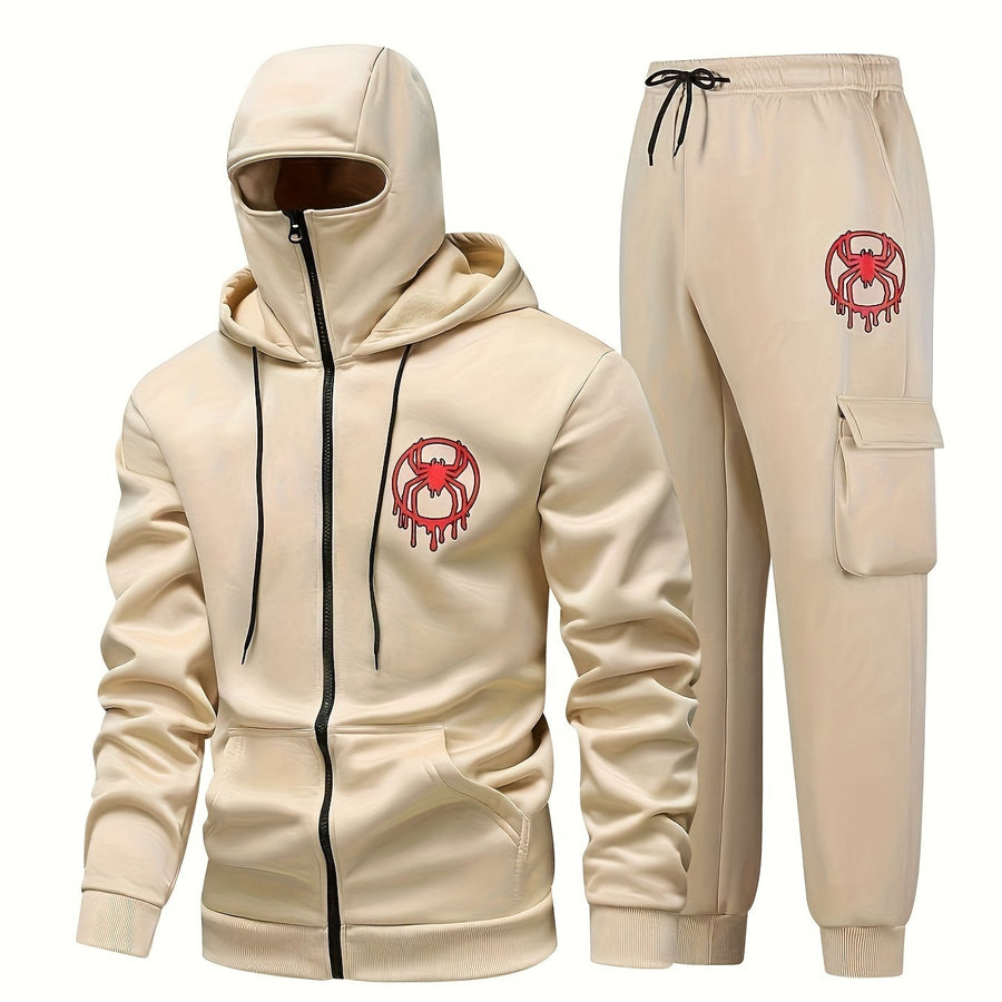 Hoodie och byxor set med spindelmönster, dragkedja och balaclava