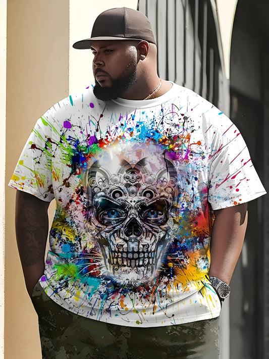 Herr T-shirt med färgstarkt dödskalletryck, streetwear-stil, kortärmad, plus size