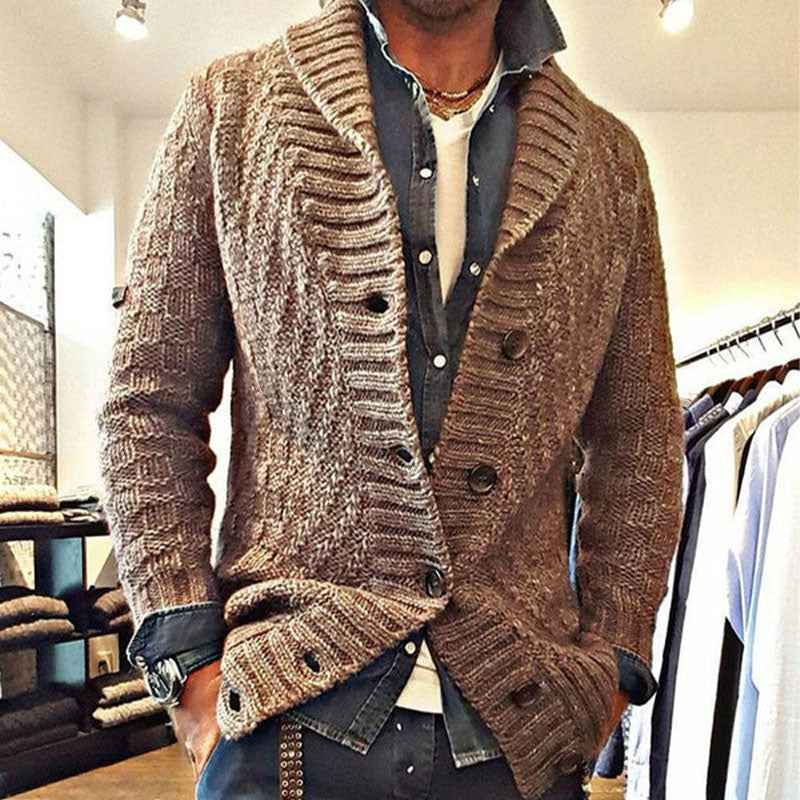 Herr Vintage Stickad Cardigan med Slag – Stilren och Avslappnad Jacka för Vardagsbruk