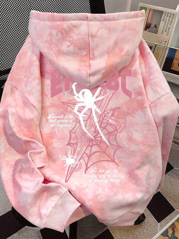 Rosa tie-dye hoodie med spindelmotiv och luva