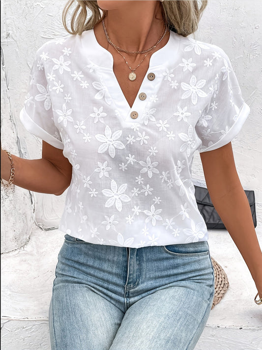 Dam Blus Somrig Elegant Blommig V-ringad Kortärmad Top – Perfekt för Vardag och Fest