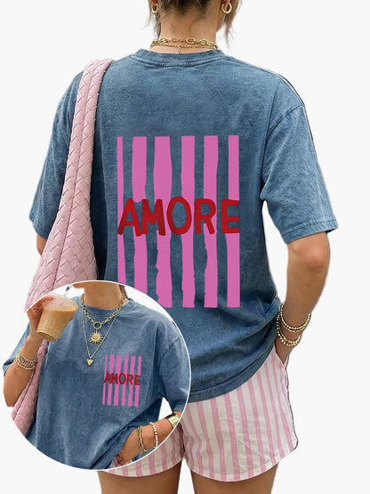 Dam T-shirt och shorts set med trendigt motiv och avslappnad passform – Perfekt för sommar och vardagsbruk
