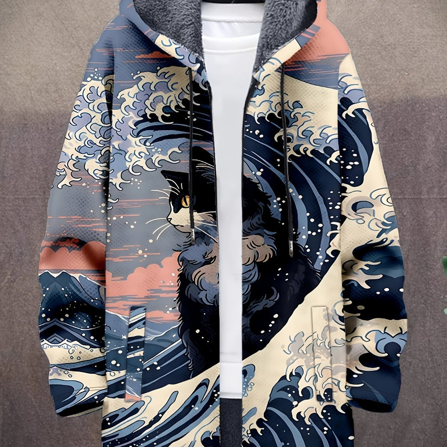 Unisex Lång Parkas med Vågmönster och Fuskpälsfoder