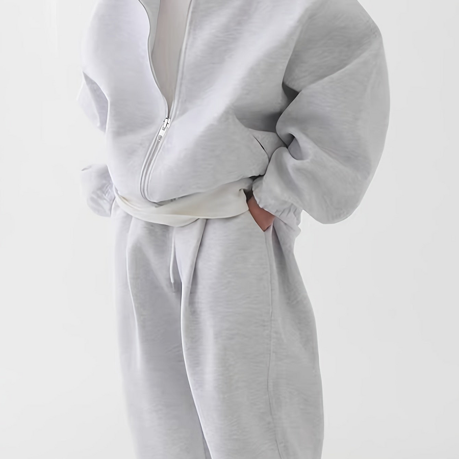 Hoodie och Mjukisbyxor Set, Ensfärgad Träningsset med Dragkedja
