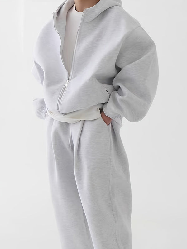 Hoodie och Mjukisbyxor Set, Ensfärgad Träningsset med Dragkedja