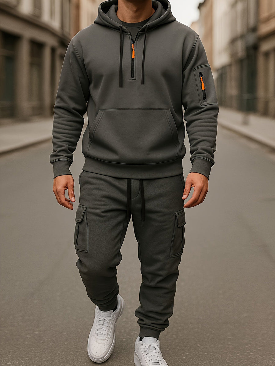 Grå herr hoodie och cargobyxa set med kvartsdragkedja och fickor