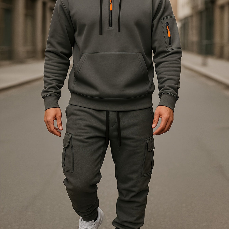 Grå herr hoodie och cargobyxa set med kvartsdragkedja och fickor