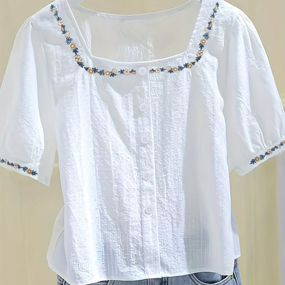 Dam Elegant Blus med Broderade Blommor och Fyrkantig Hals – Vår/Sommar Top