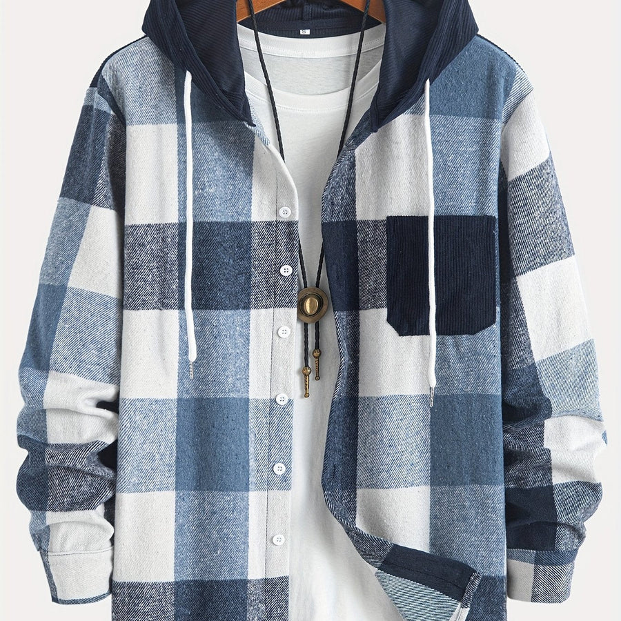 Rutig Overshirt med Huva för Herr, Brun Corduroy Huva och Bröstficka, Knappstängning