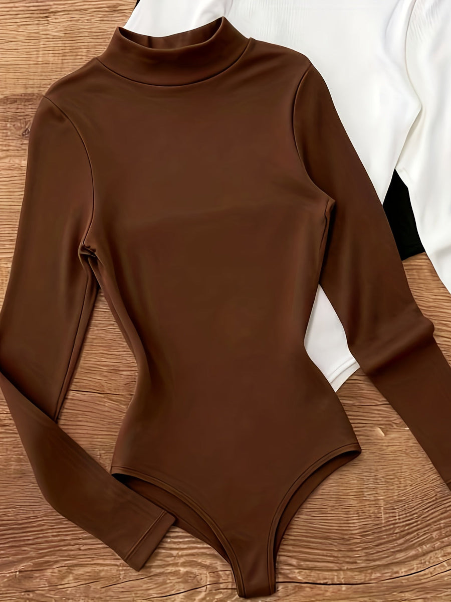 Bodysuit med polokrage, lång ärm, svart, vit och brun