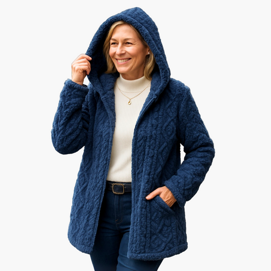 Damjacka med huva – elegant stickad design för vardag och fritid