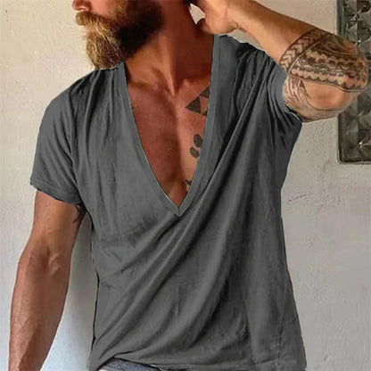 Herr T-shirt med djup V-ringning, avslappnad stil, kort ärm – Perfekt för vardag och sommar
