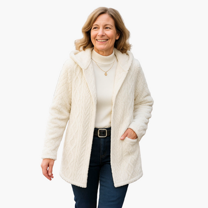 Damjacka med huva – elegant stickad design för vardag och fritid
