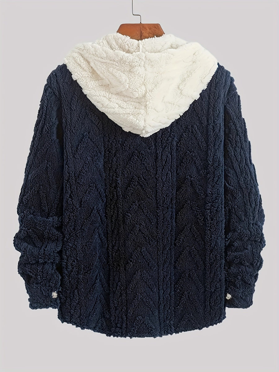 Hoodie i teddyfleece med knappar och ficka, fiskbensmönstrad