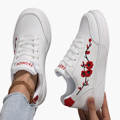 Dam Sneakers Elegant Stil Vardagsskor med Broderade Blommor och Snörning