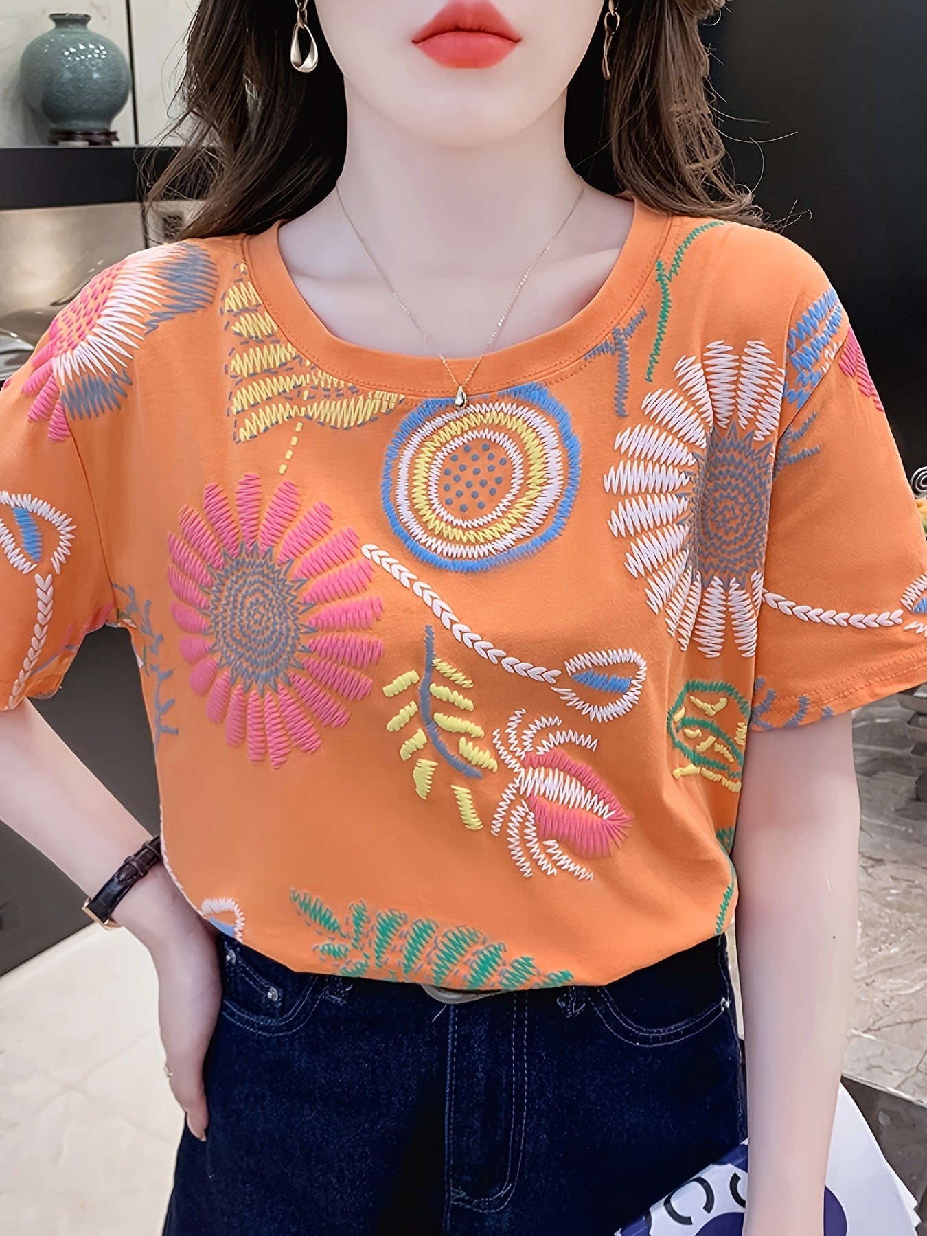 Dam Topp Broderad Boho Stil Ledig Sommarblus Kort Ärmar