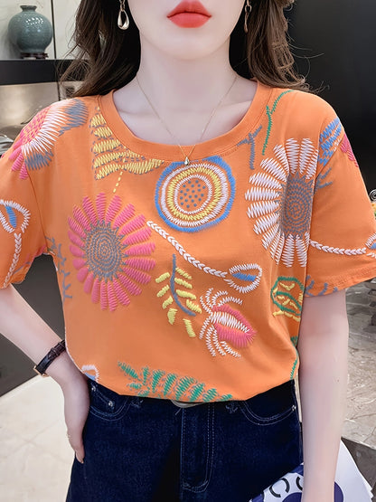 Dam Topp Broderad Boho Stil Ledig Sommarblus Kort Ärmar