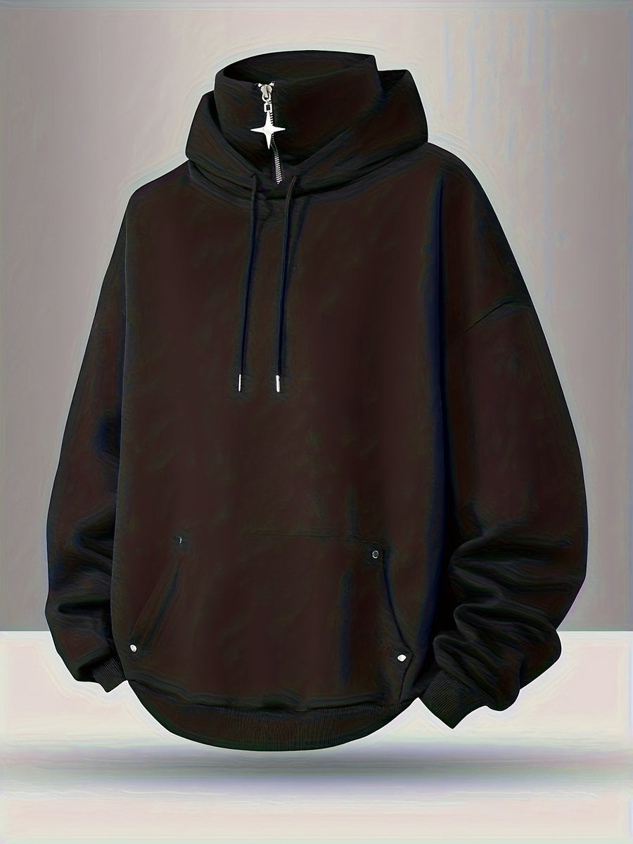 Svart hoodie med hög krage, dragkedja och huva, oversized modell med fickor