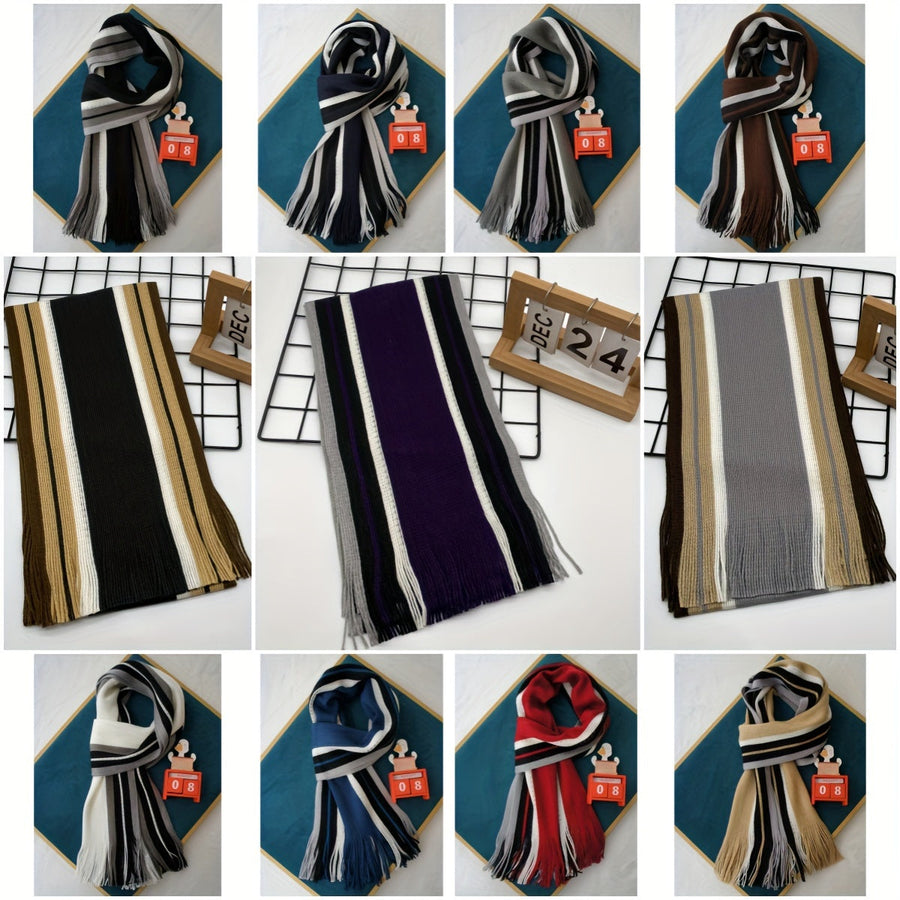 Men's Striped Fringed Color Blocked Winter Scarf