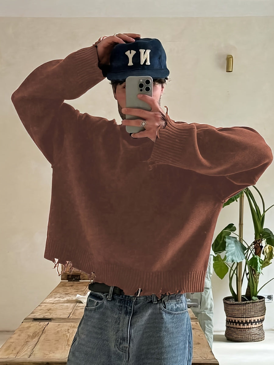 Unisex Tröja med Råa Kanter och Ribbade Detaljer - Lös Passform