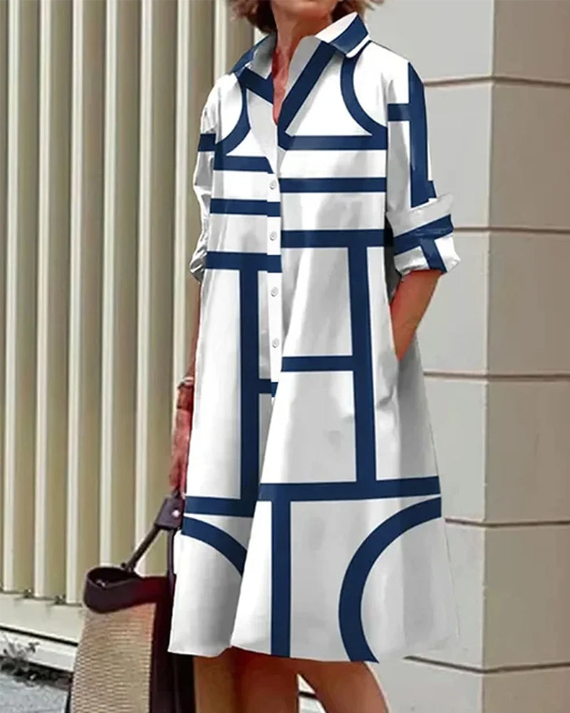 Dam Skjortklänning med Geometriskt Mönster och Fickor, Avslappnad och Elegant Vardagsstil