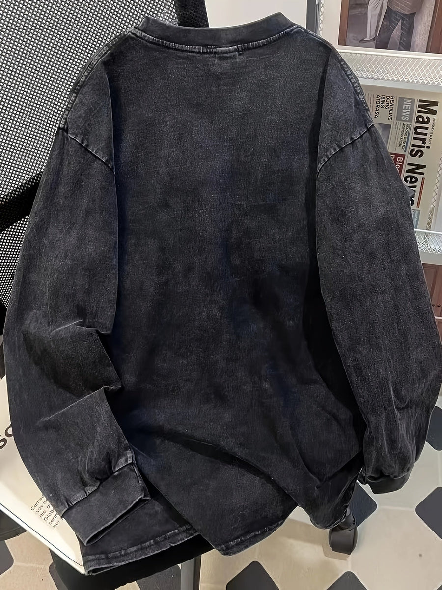 Mörkgrå Långärmad Tröja med Motorcykelmotiv och Sliten Look