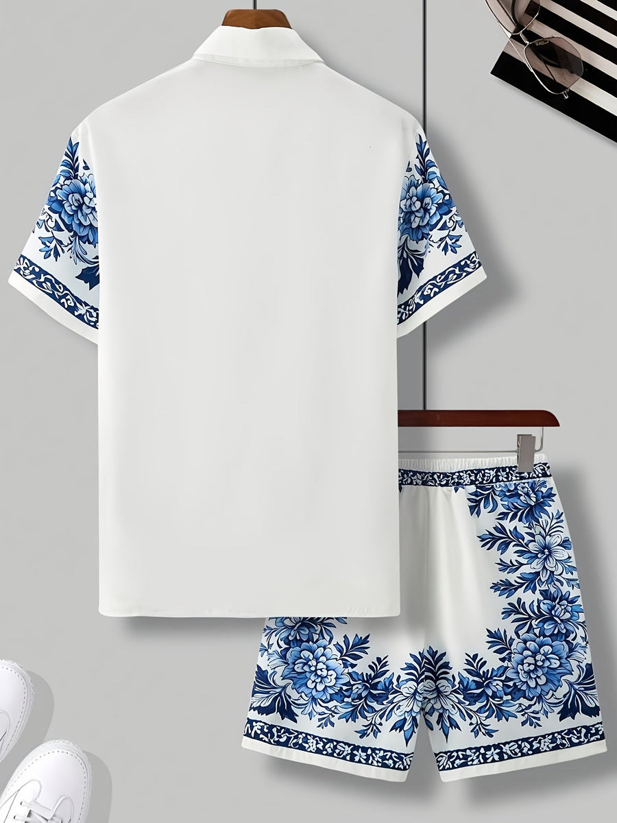 Herrset – Somrig kortärmad skjorta och shorts med blommönster, avslappnad semesterstil