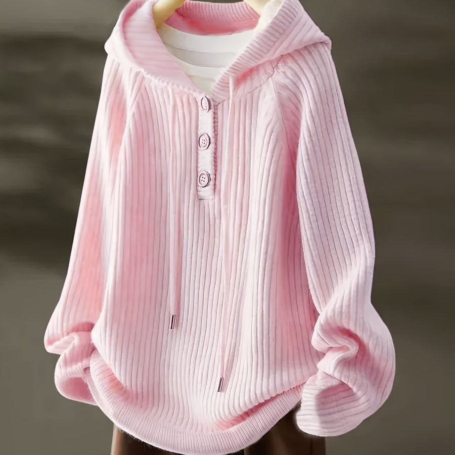 Ribbstickad damhoodie med knappar och huva, Långärmad stickad tröja