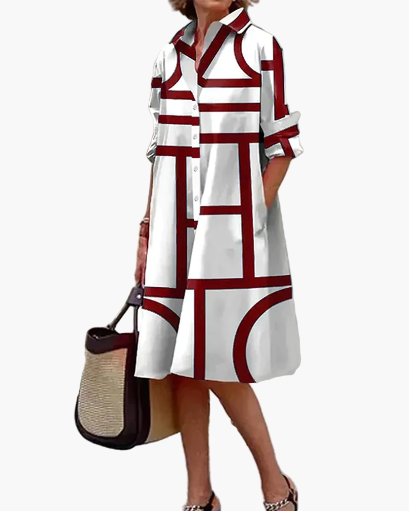 Dam Skjortklänning med Geometriskt Mönster och Fickor, Avslappnad och Elegant Vardagsstil