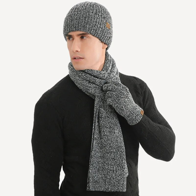 Varmt vinterset med mössa, halsduk och handskar i ribbstickat material för unisex