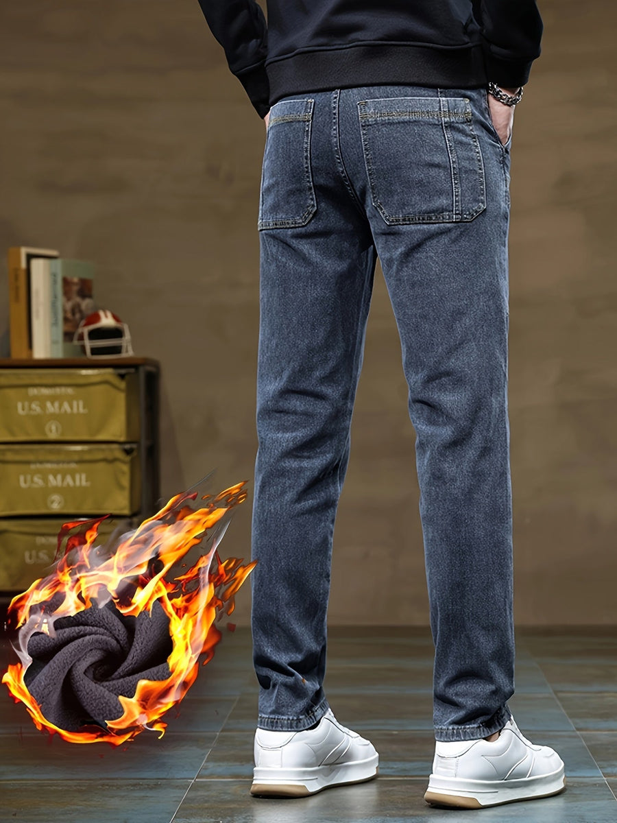 Herrjeans med fleecefoder svarta med raka ben och cargofickor